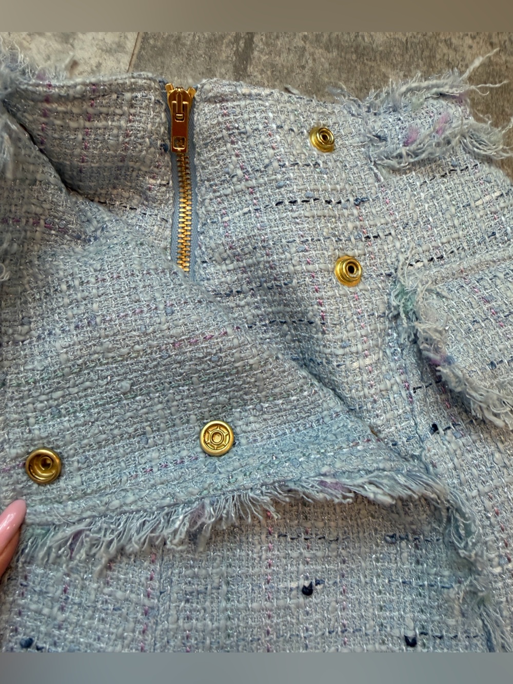Balmain Light Blue Tweed High-Waist Shorts with Gold Buttons - Picture 5 of 8